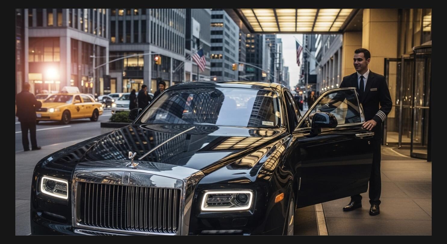 Chauffeur opening the door of a black luxury sedan on a New York street at dusk